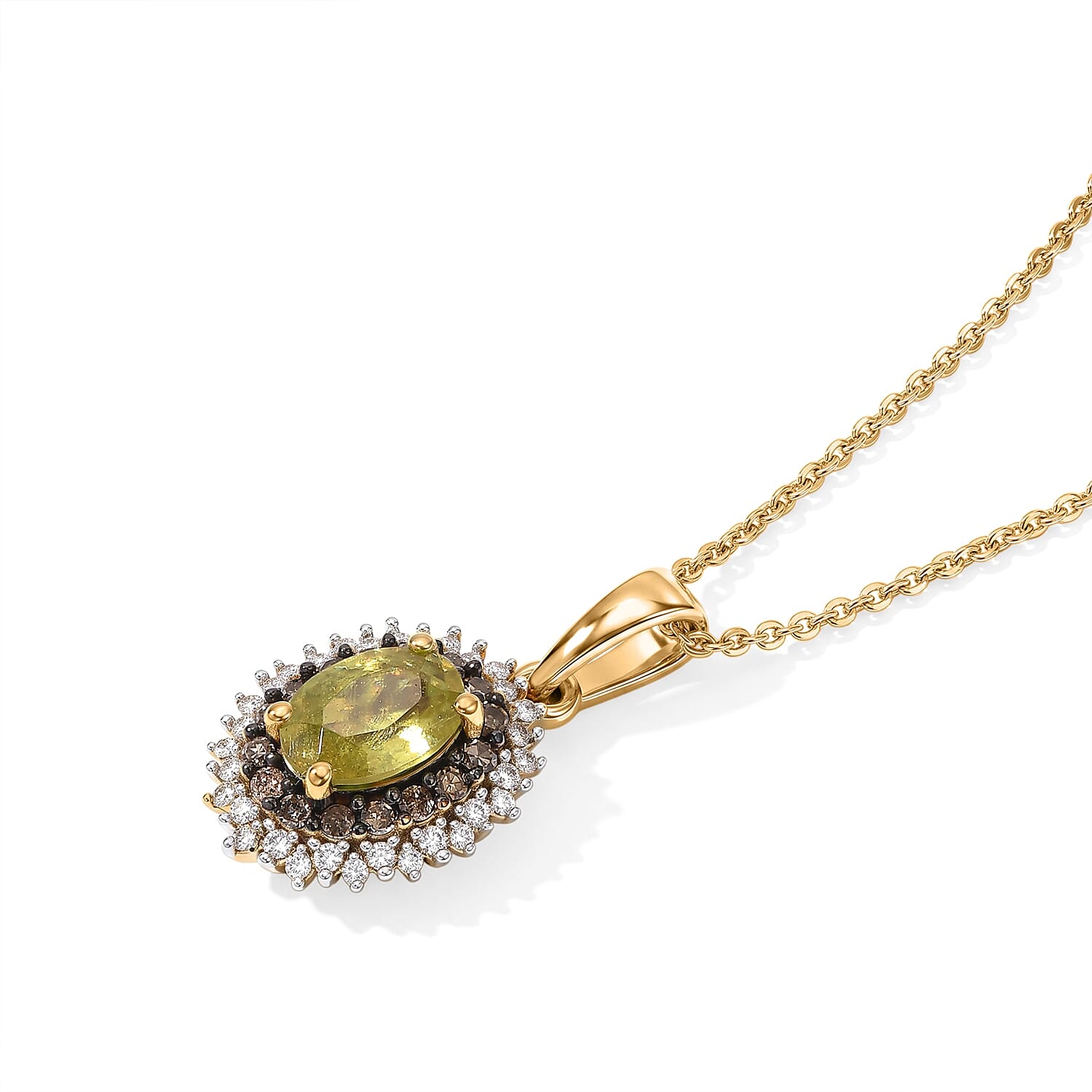 D'Joy Premium Green Sphene, Natural Champagne and White Diamond 1.30 ctw Pendant Necklace in 18K Vermeil Yellow Gold Over Sterling Silver 20 Inches