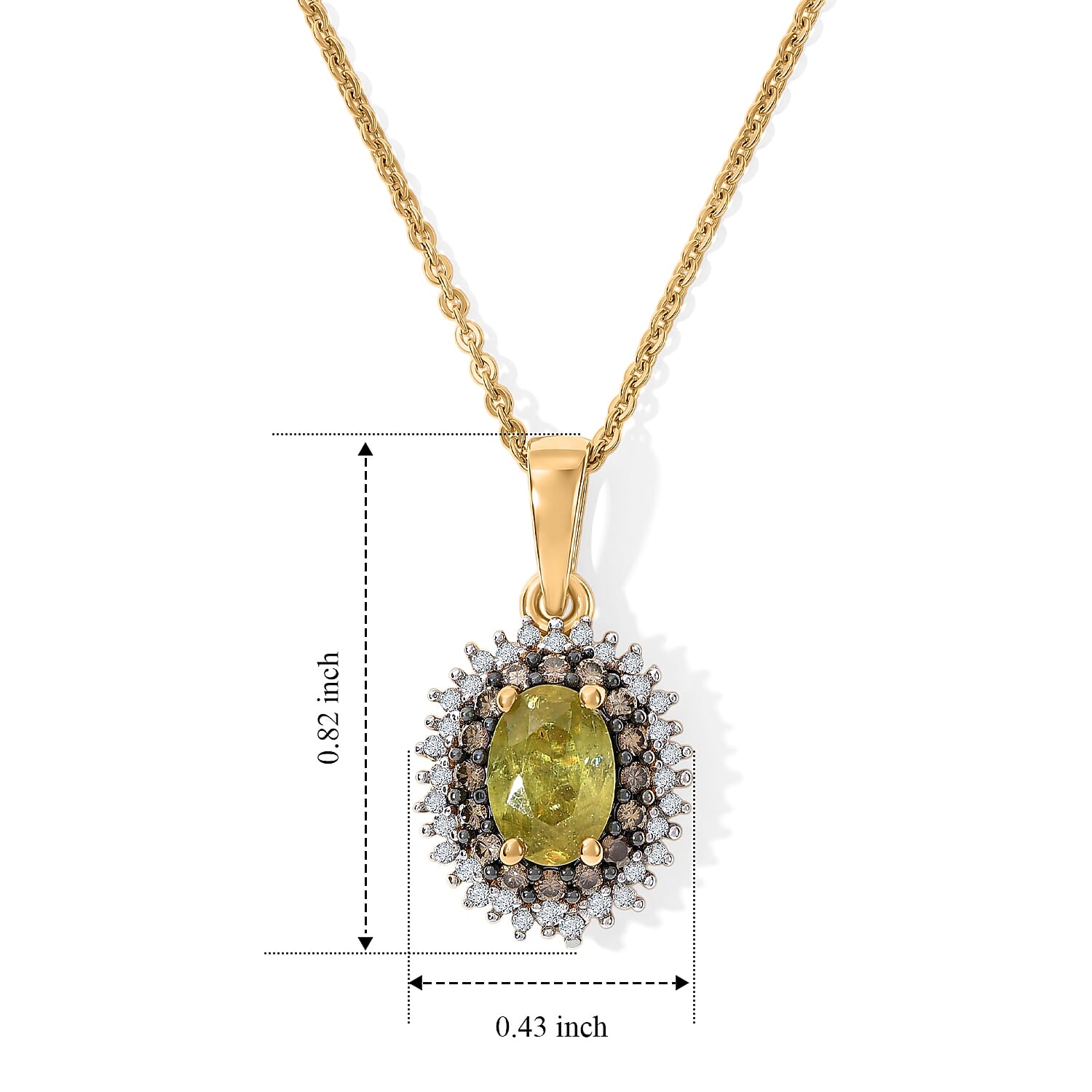 D'Joy Premium Green Sphene, Natural Champagne and White Diamond 1.30 ctw Pendant Necklace in 18K Vermeil Yellow Gold Over Sterling Silver 20 Inches