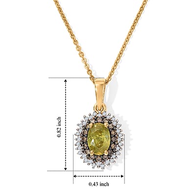 D'Joy Premium Green Sphene, Natural Champagne and White Diamond 1.30 ctw Pendant Necklace in 18K Vermeil Yellow Gold Over Sterling Silver 20 Inches