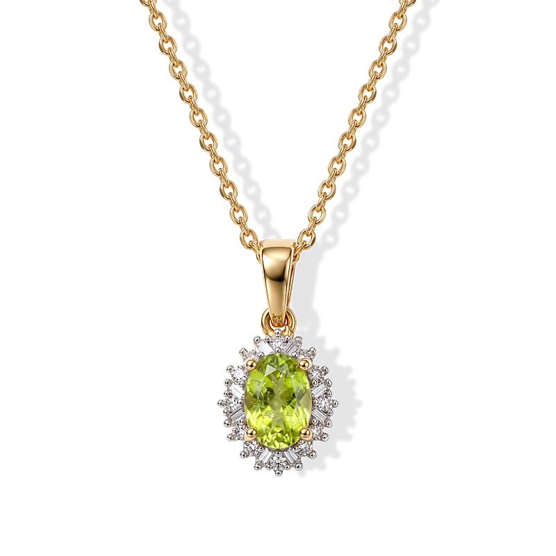 D'Joy Premium Green Sphene and Diamond 0.60 ctw Pendant Necklace in 18K Vermeil Yellow Gold Over Sterling Silver 20 Inches
