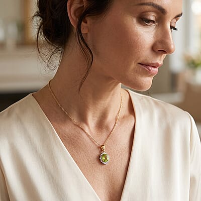 D'Joy Premium Green Sphene and Diamond 0.60 ctw Pendant Necklace in 18K Vermeil Yellow Gold Over Sterling Silver 20 Inches