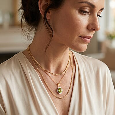 D'Joy Premium Green Sphene and Diamond 0.60 ctw Pendant Necklace in 18K Vermeil Yellow Gold Over Sterling Silver 20 Inches