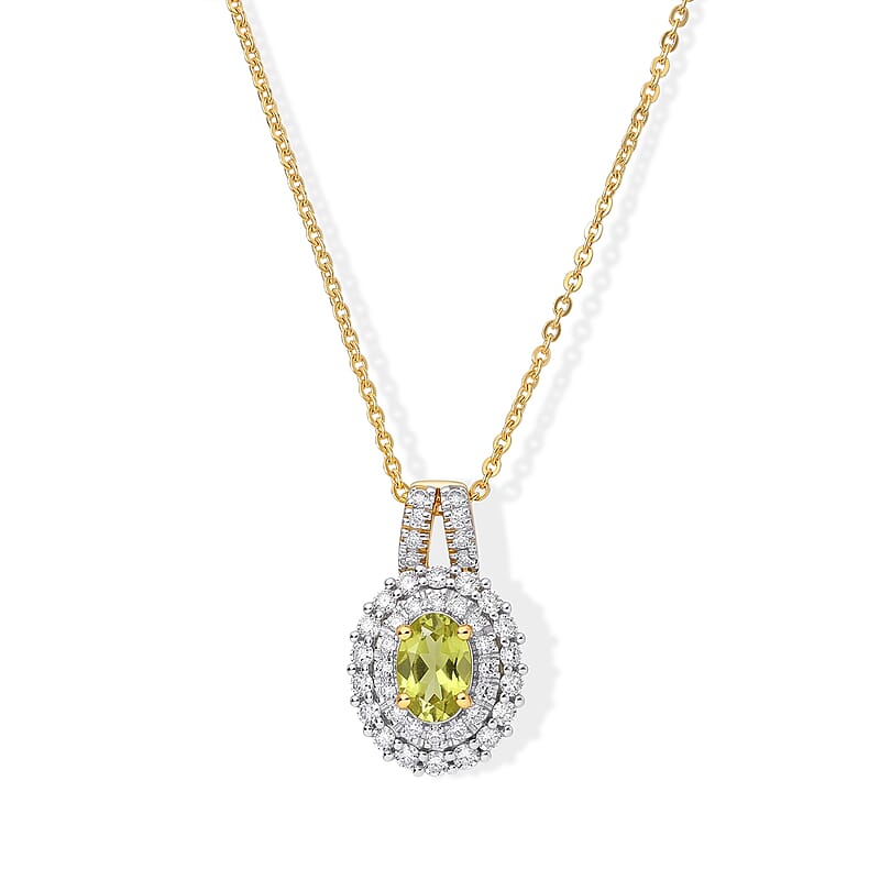 D'Joy Premium Green Sphene and Moissanite 0.85 ctw Pendant Necklace in 18K Vermeil Yellow Gold Over Sterling Silver 20 Inches
