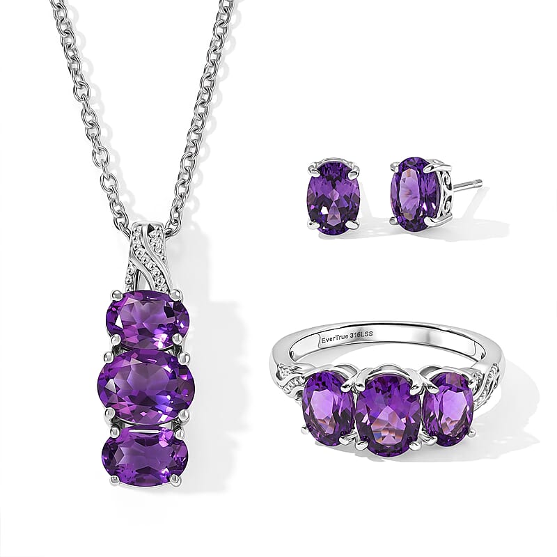 EverTrue Mashamba Amethyst 6.90 ctw Earrings, Ring (Size 5.0) and Pendant Necklace (20 Inches) in Stainless Steel