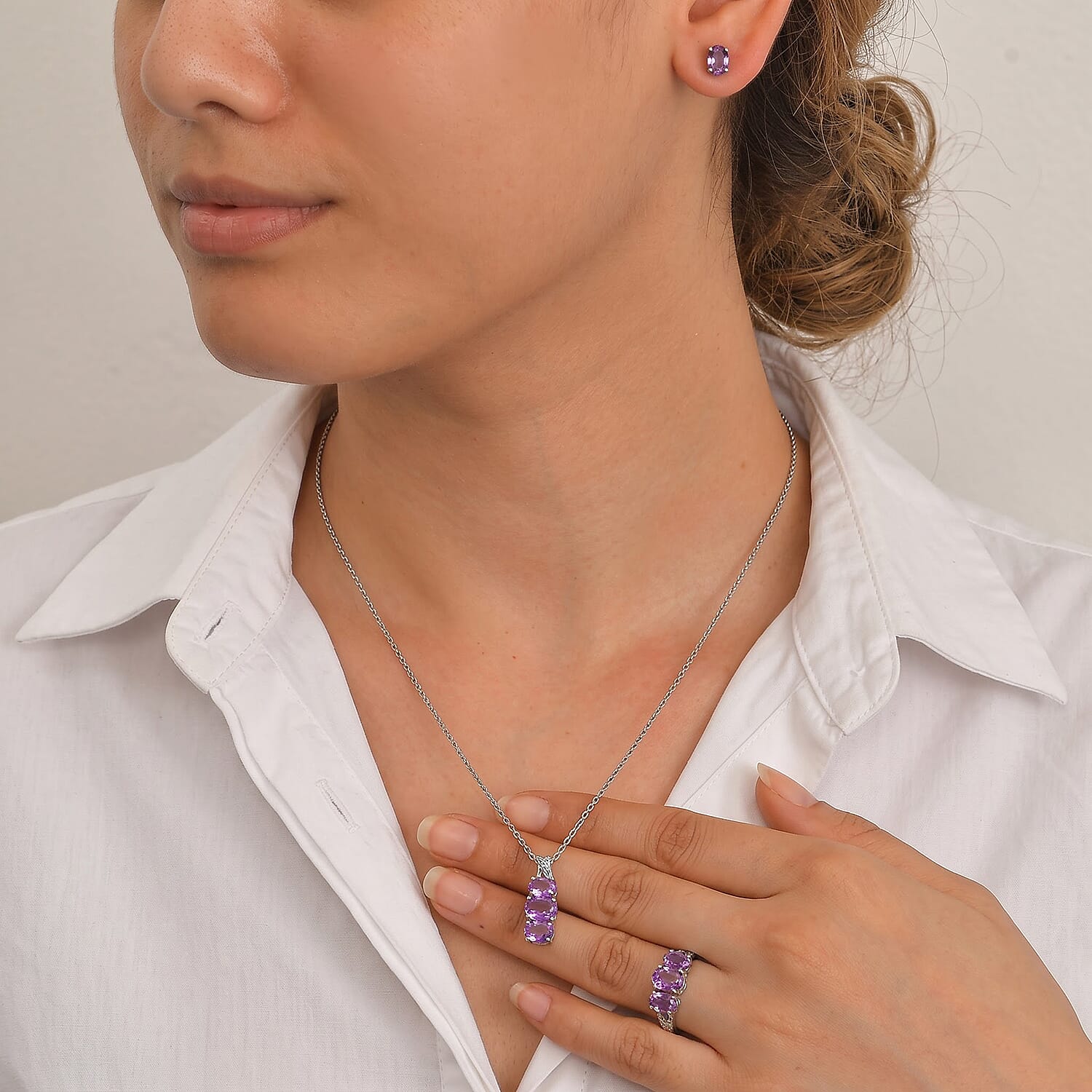 EverTrue Mashamba Amethyst 6.90 ctw Earrings, Ring (Size 5.0) and Pendant Necklace (20 Inches) in Stainless Steel