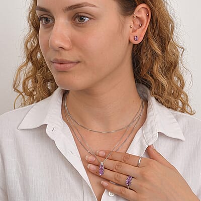 EverTrue Mashamba Amethyst 6.90 ctw Earrings, Ring (Size 5.0) and Pendant Necklace (20 Inches) in Stainless Steel