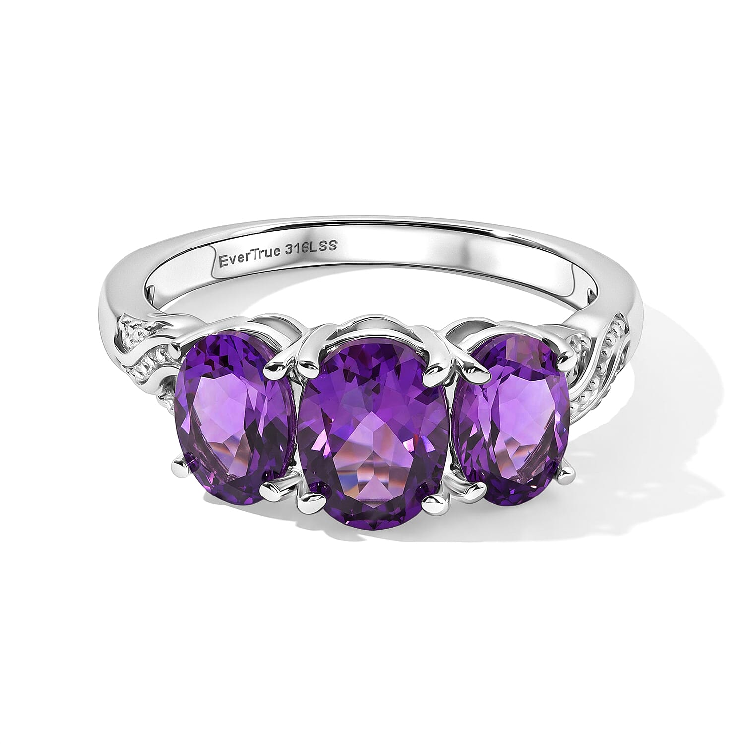 EverTrue Mashamba Amethyst 6.90 ctw Earrings, Ring (Size 5.0) and Pendant Necklace (20 Inches) in Stainless Steel
