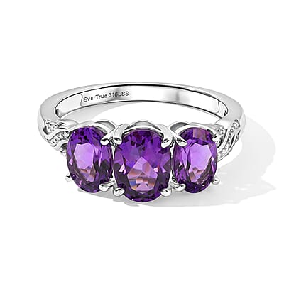 EverTrue Mashamba Amethyst 6.90 ctw Earrings, Ring (Size 5.0) and Pendant Necklace (20 Inches) in Stainless Steel