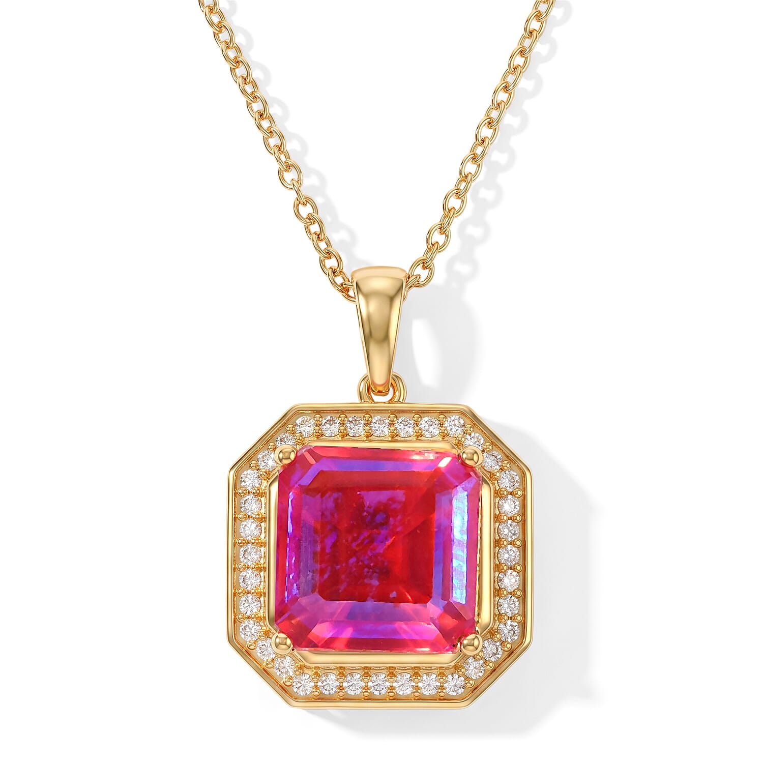 EverTrue Asscher Cut Volcanic Triplet Quartz and Moissanite 9.50 ctw Pendant in 18K YG Plated with ION Plated YG Stainless Steel Necklace 20 Inches