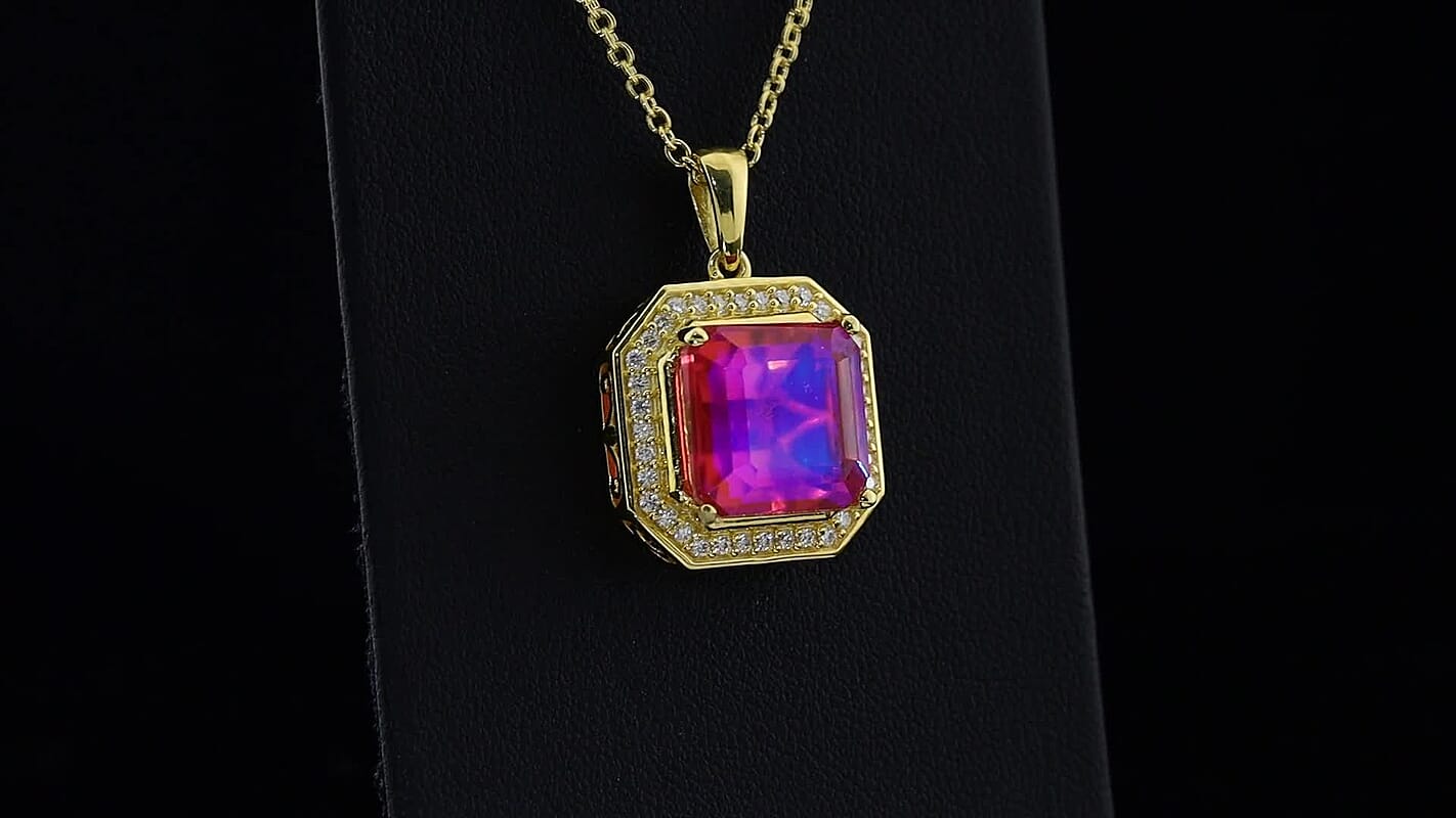 EverTrue Asscher Cut Volcanic Triplet Quartz and Moissanite 9.50 ctw Pendant in 18K YG Plated with ION Plated YG Stainless Steel Necklace 20 Inches