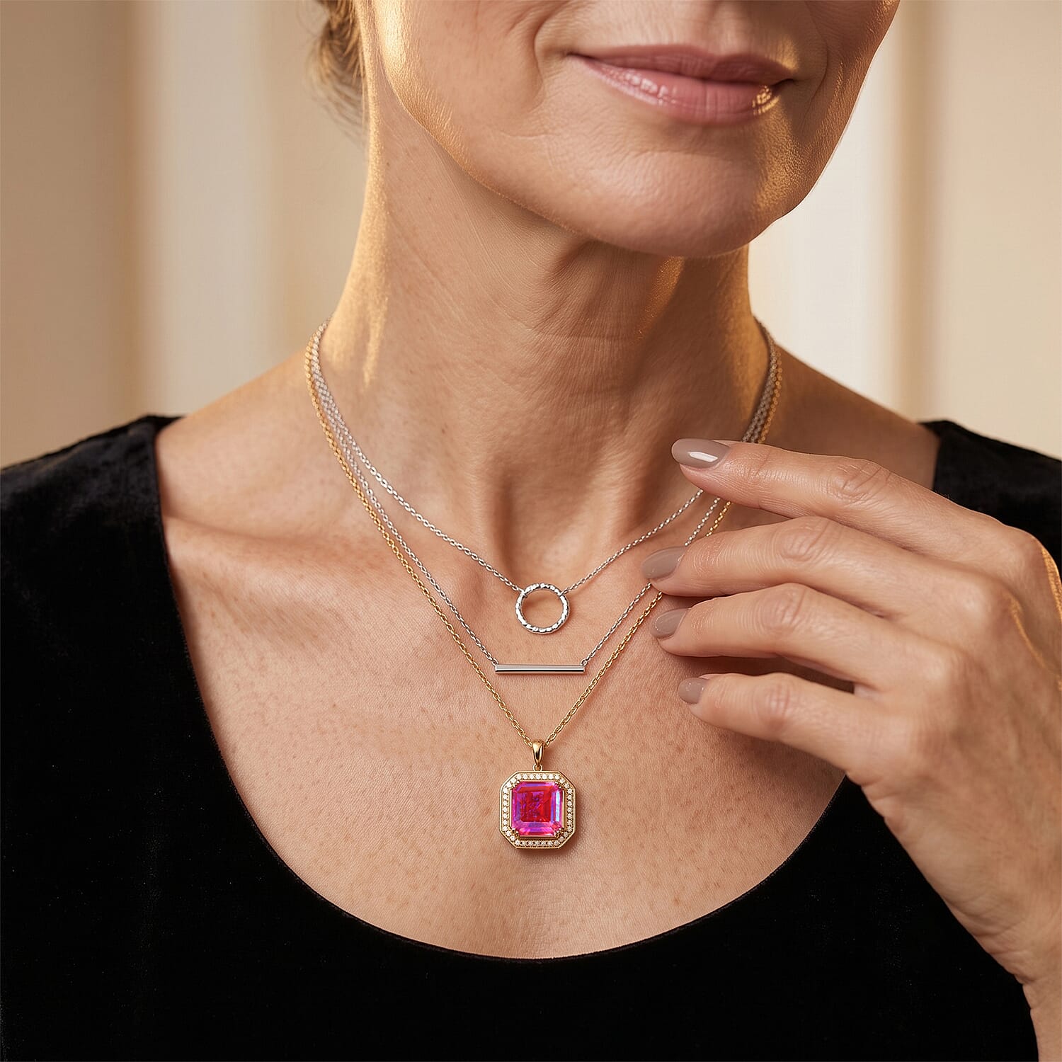 EverTrue Asscher Cut Volcanic Triplet Quartz and Moissanite 9.50 ctw Pendant in 18K YG Plated with ION Plated YG Stainless Steel Necklace 20 Inches