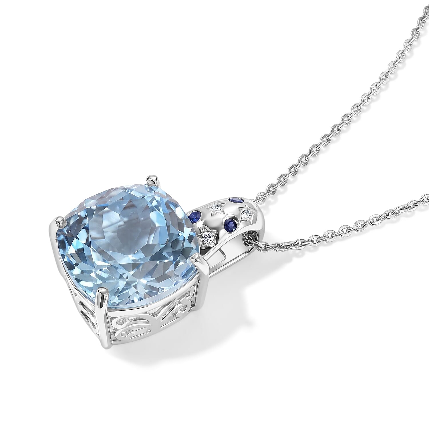 D'Joy Sky Blue Topaz and Multi Gemstone 8.90 ctw Pendant Necklace (20 Inches) in Rhodium Over Sterling Silver