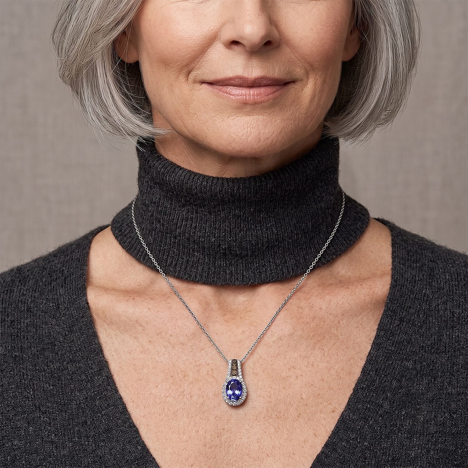 D'Joy Premium Tanzanite, Natural Champagne and White Diamond 1.20 ctw Midnight Royal Halo Pendant Necklace in Rhodium Over Sterling Silver 20 Inches