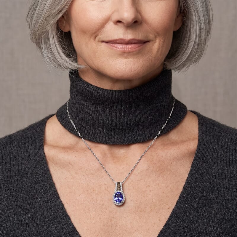 D'Joy Premium Tanzanite, Natural Champagne and White Diamond 1.20 ctw Midnight Royal Halo Pendant Necklace in Rhodium Over Sterling Silver 20 Inches