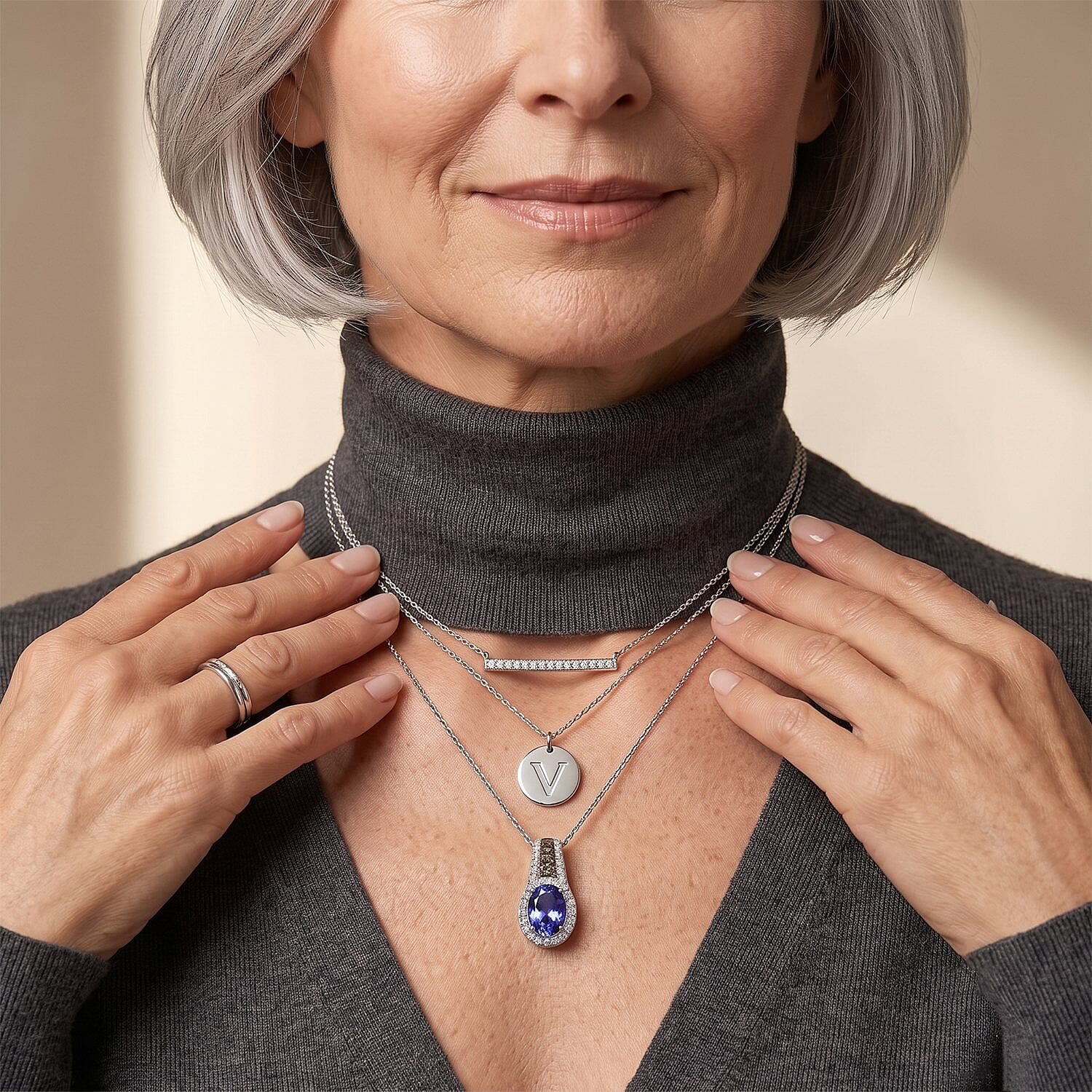 D'Joy Premium Tanzanite, Natural Champagne and White Diamond 1.20 ctw Midnight Royal Halo Pendant Necklace in Rhodium Over Sterling Silver 20 Inches