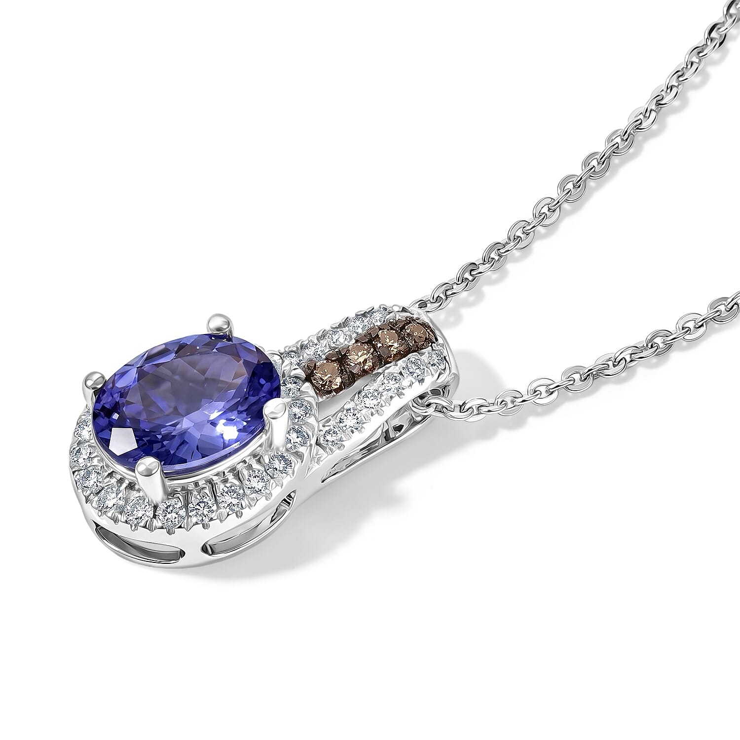 D'Joy Premium Tanzanite, Natural Champagne and White Diamond 1.20 ctw Midnight Royal Halo Pendant Necklace in Rhodium Over Sterling Silver 20 Inches