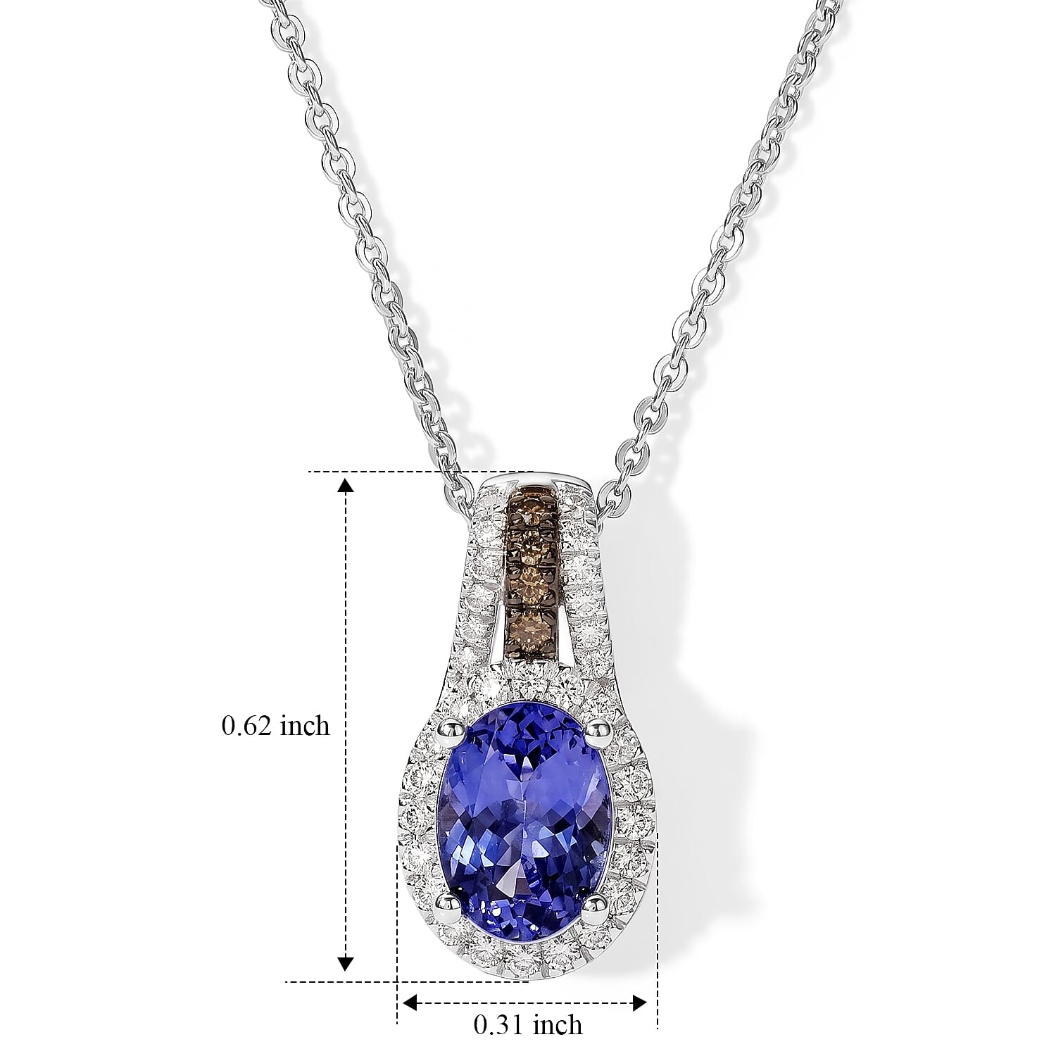 D'Joy Premium Tanzanite, Natural Champagne and White Diamond 1.20 ctw Midnight Royal Halo Pendant Necklace in Rhodium Over Sterling Silver 20 Inches