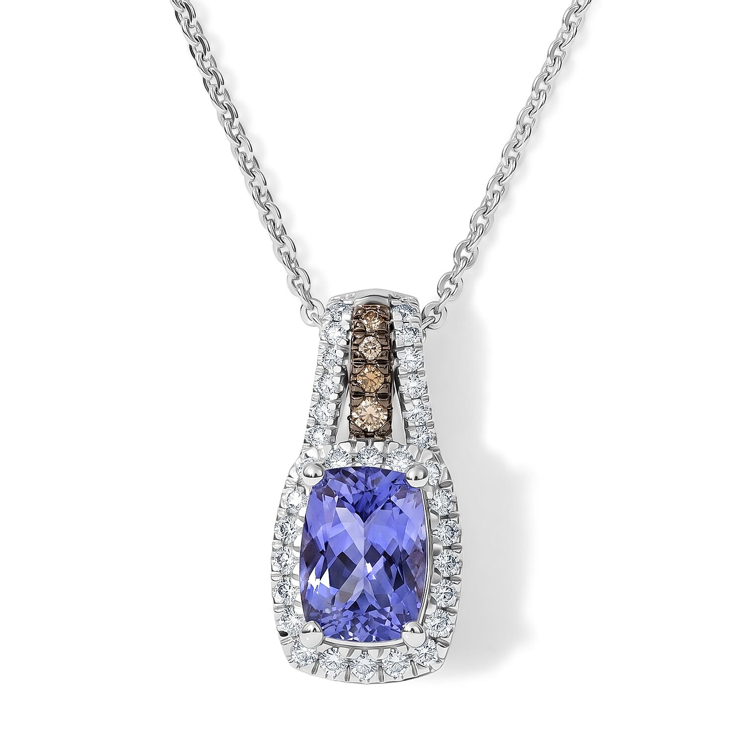 D'Joy Premium Tanzanite, Natural Champagne and White Diamond (0.19 cts) Midnight Royal Halo Pendant Necklace (20 Inches) in Rhodium Over Sterling Silver 1.20 ctw