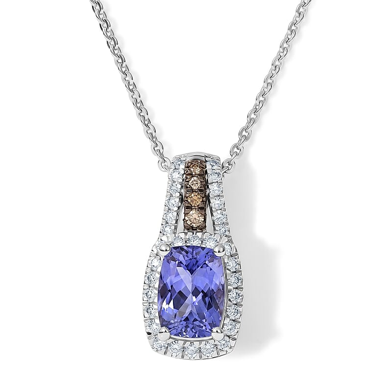 D'Joy Premium Tanzanite, Natural Champagne and White Diamond 1.15 ctw Midnight Royal Halo Pendant Necklace in Rhodium Over Sterling Silver 20 Inches