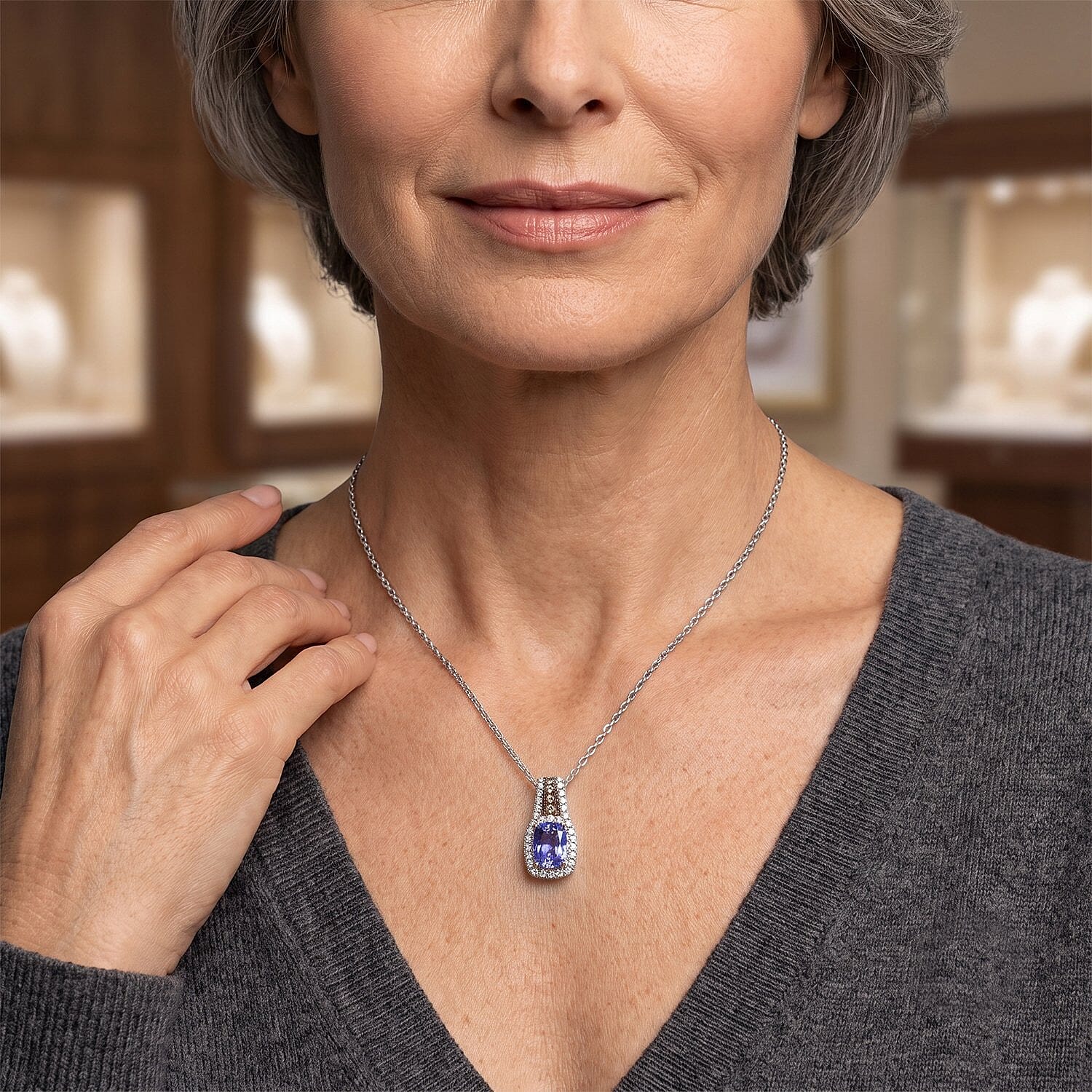 D'Joy Premium Tanzanite, Natural Champagne and White Diamond 1.15 ctw Midnight Royal Halo Pendant Necklace in Rhodium Over Sterling Silver 20 Inches