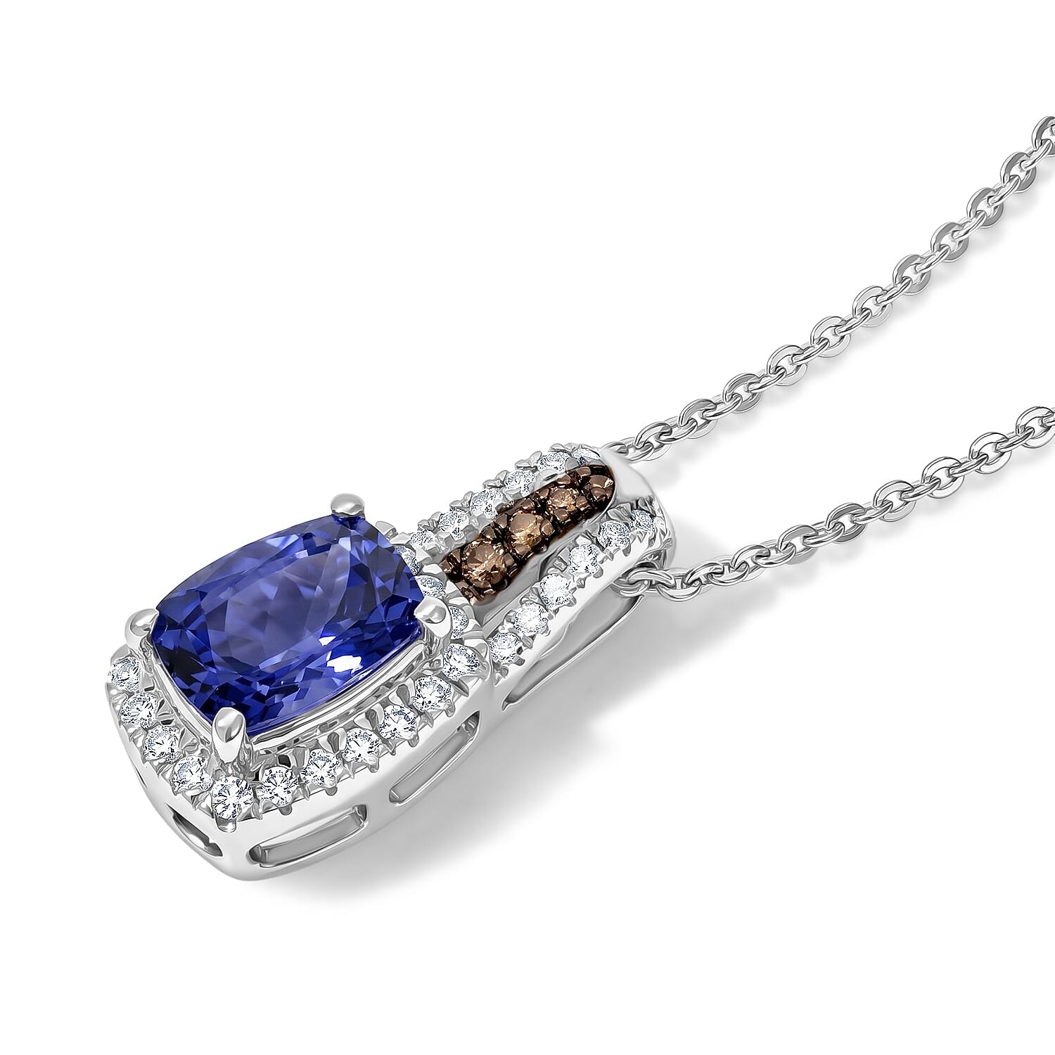 D'Joy Premium Tanzanite, Natural Champagne and White Diamond 1.15 ctw Midnight Royal Halo Pendant Necklace in Rhodium Over Sterling Silver 20 Inches