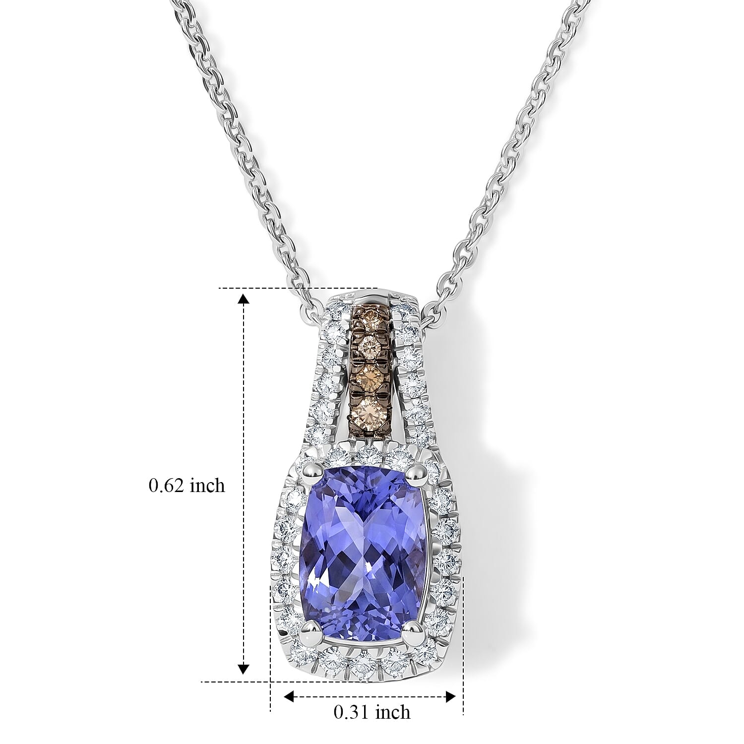 D'Joy Premium Tanzanite, Natural Champagne and White Diamond 1.15 ctw Midnight Royal Halo Pendant Necklace in Rhodium Over Sterling Silver 20 Inches