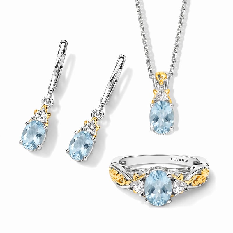 EverTrue Sky Blue Topaz, White Topaz 5.50 ctw Earrings, Ring (Size 5.0) and Pendant in 18K YG Plated and Platinum Over Bronze with Stainless Steel Necklace (20 Inches)