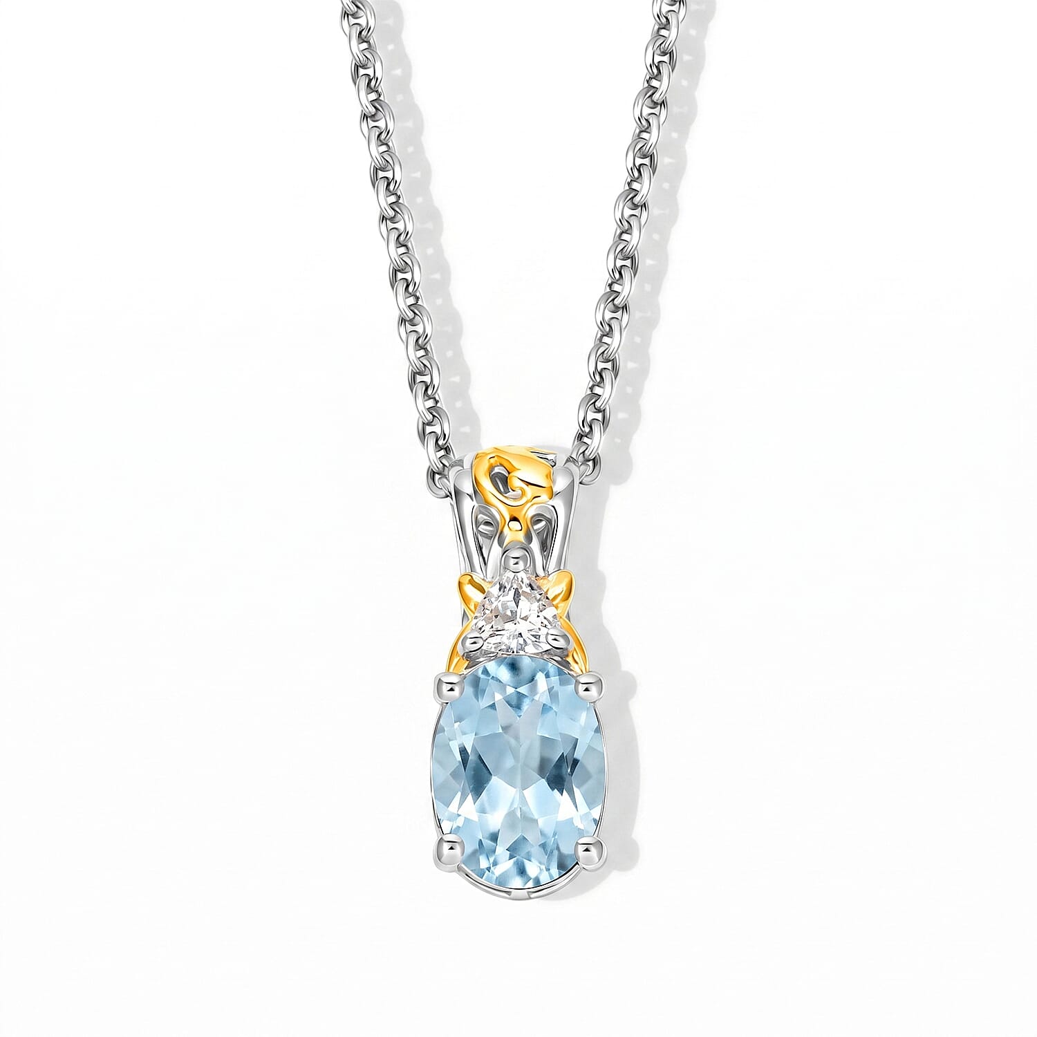 EverTrue Sky Blue Topaz, White Topaz 5.50 ctw Earrings, Ring (Size 5.0) and Pendant in 18K YG Plated and Platinum Over Bronze with Stainless Steel Necklace (20 Inches)
