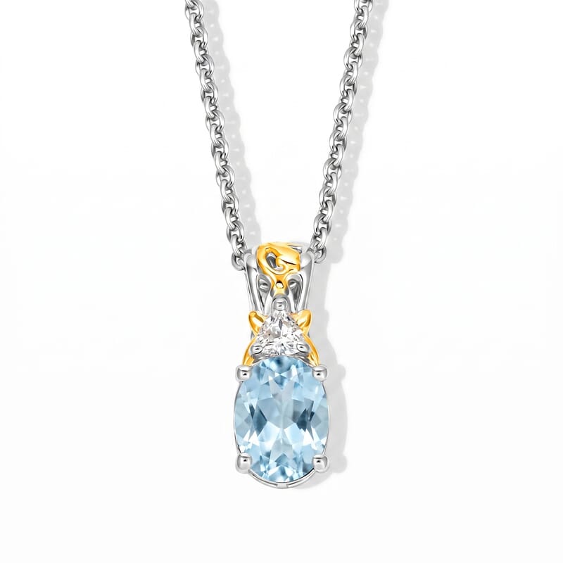 EverTrue Sky Blue Topaz, White Topaz 5.50 ctw Earrings, Ring (Size 5.0) and Pendant in 18K YG Plated and Platinum Over Bronze with Stainless Steel Necklace (20 Inches)