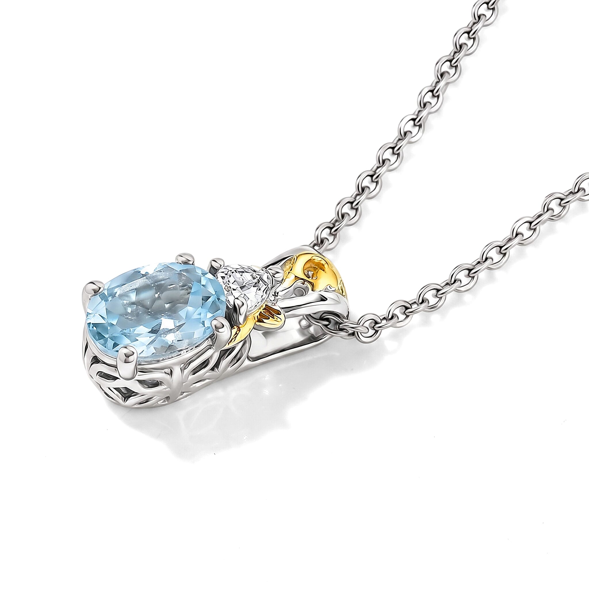 EverTrue Sky Blue Topaz, White Topaz 5.50 ctw Earrings, Ring (Size 5.0) and Pendant in 18K YG Plated and Platinum Over Bronze with Stainless Steel Necklace (20 Inches)
