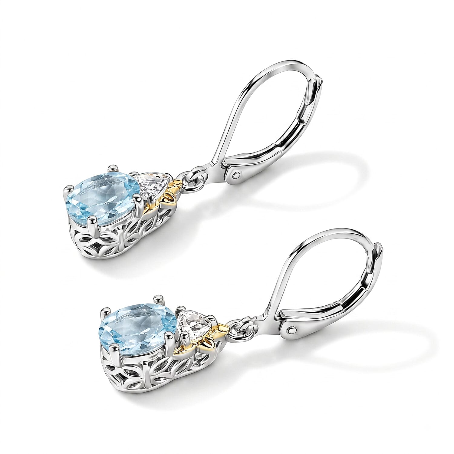 EverTrue Sky Blue Topaz, White Topaz 5.50 ctw Earrings, Ring (Size 5.0) and Pendant in 18K YG Plated and Platinum Over Bronze with Stainless Steel Necklace (20 Inches)