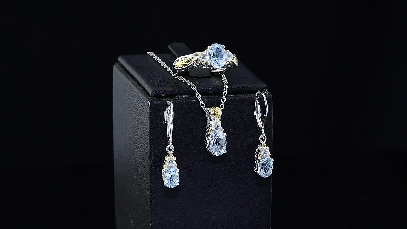 EverTrue Sky Blue Topaz, White Topaz 5.50 ctw Earrings, Ring (Size 5.0) and Pendant in 18K YG Plated and Platinum Over Bronze with Stainless Steel Necklace (20 Inches)