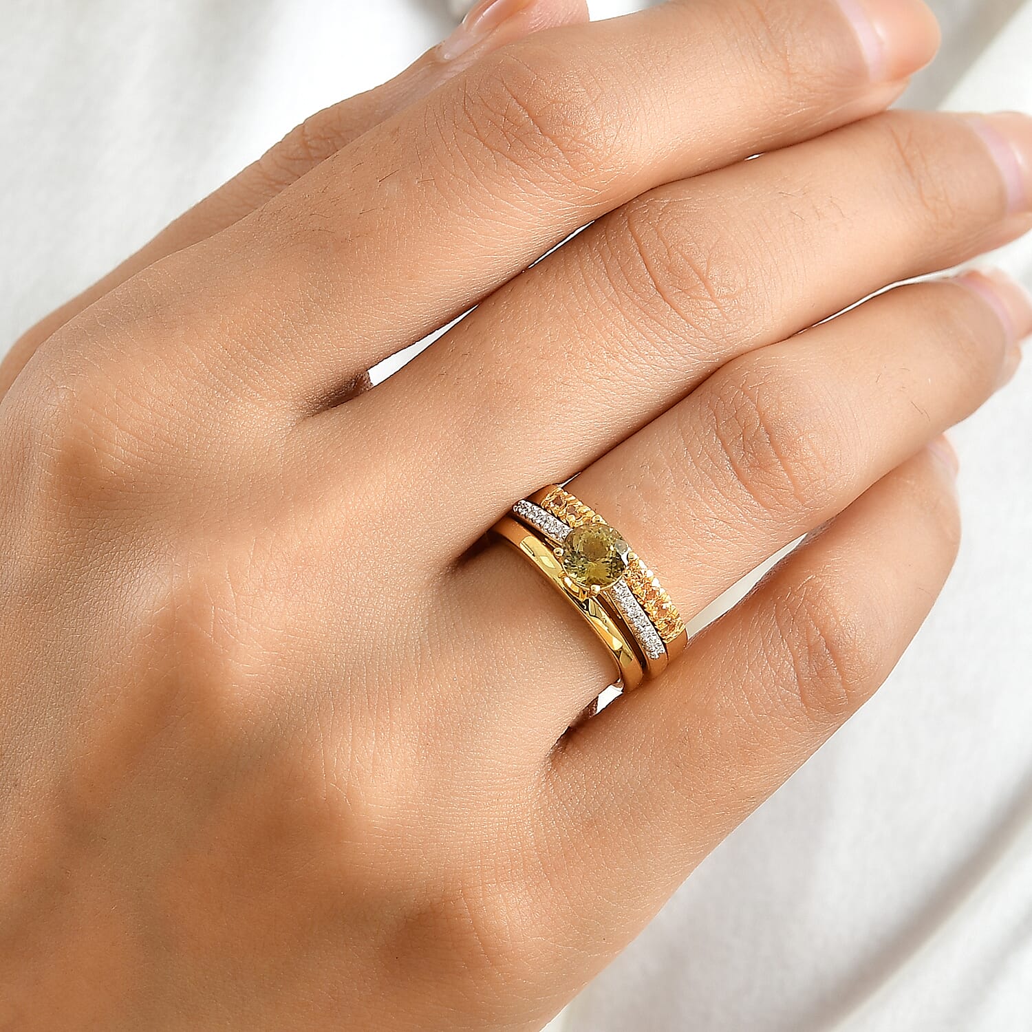 D'Joy Premium Natural Golden Tanzanite and Multi Gemstone 2.00 ctw Stackable Set of 3 Ring (Size 6.00) in 18K Vermeil Yellow Gold Over Sterling Silver
