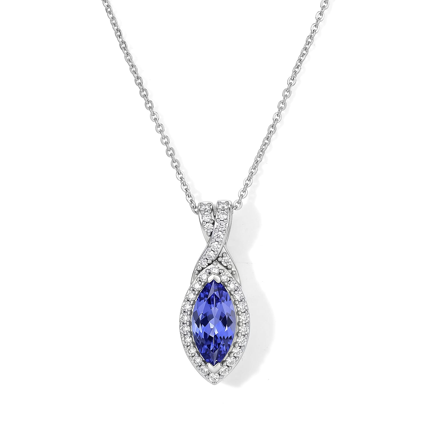 D'Joy Tanzanite and Moissanite 2.85 ctw Pendant Necklace in Rhodium Over Sterling Silver 20 Inches