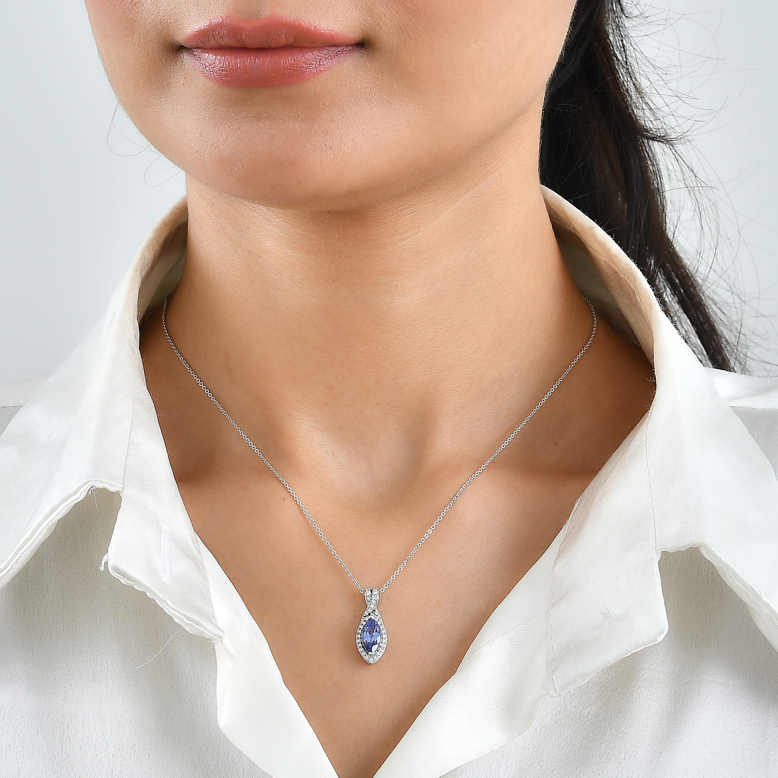 D'Joy Tanzanite and Moissanite 2.85 ctw Pendant Necklace in Rhodium Over Sterling Silver 20 Inches
