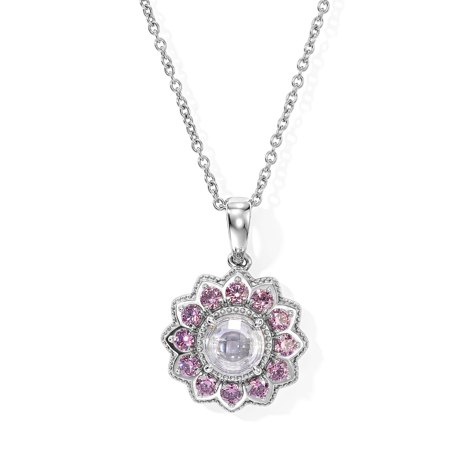 EverTrue Simulated White and Orchid Diamond Pendant Necklace in Stainless Steel 20 Inches