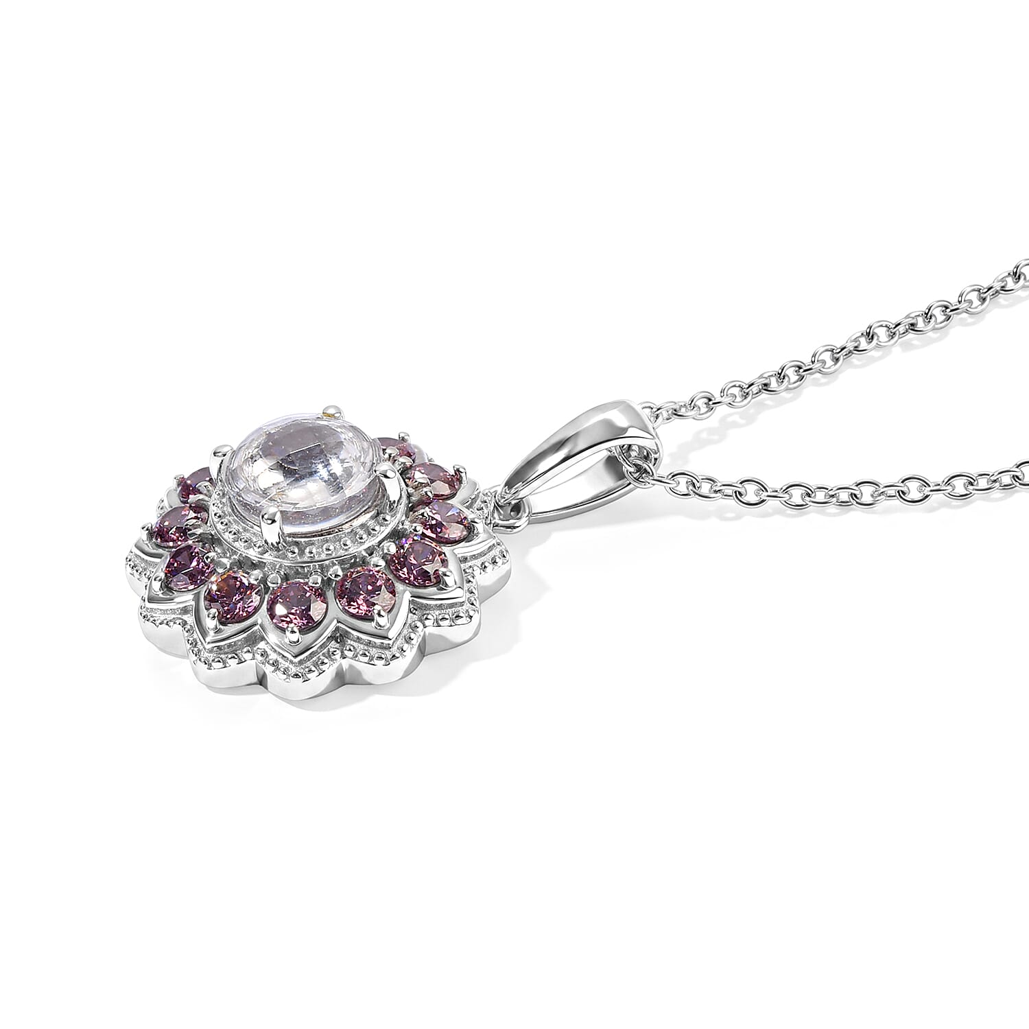 EverTrue Simulated White and Orchid Diamond Pendant Necklace in Stainless Steel 20 Inches
