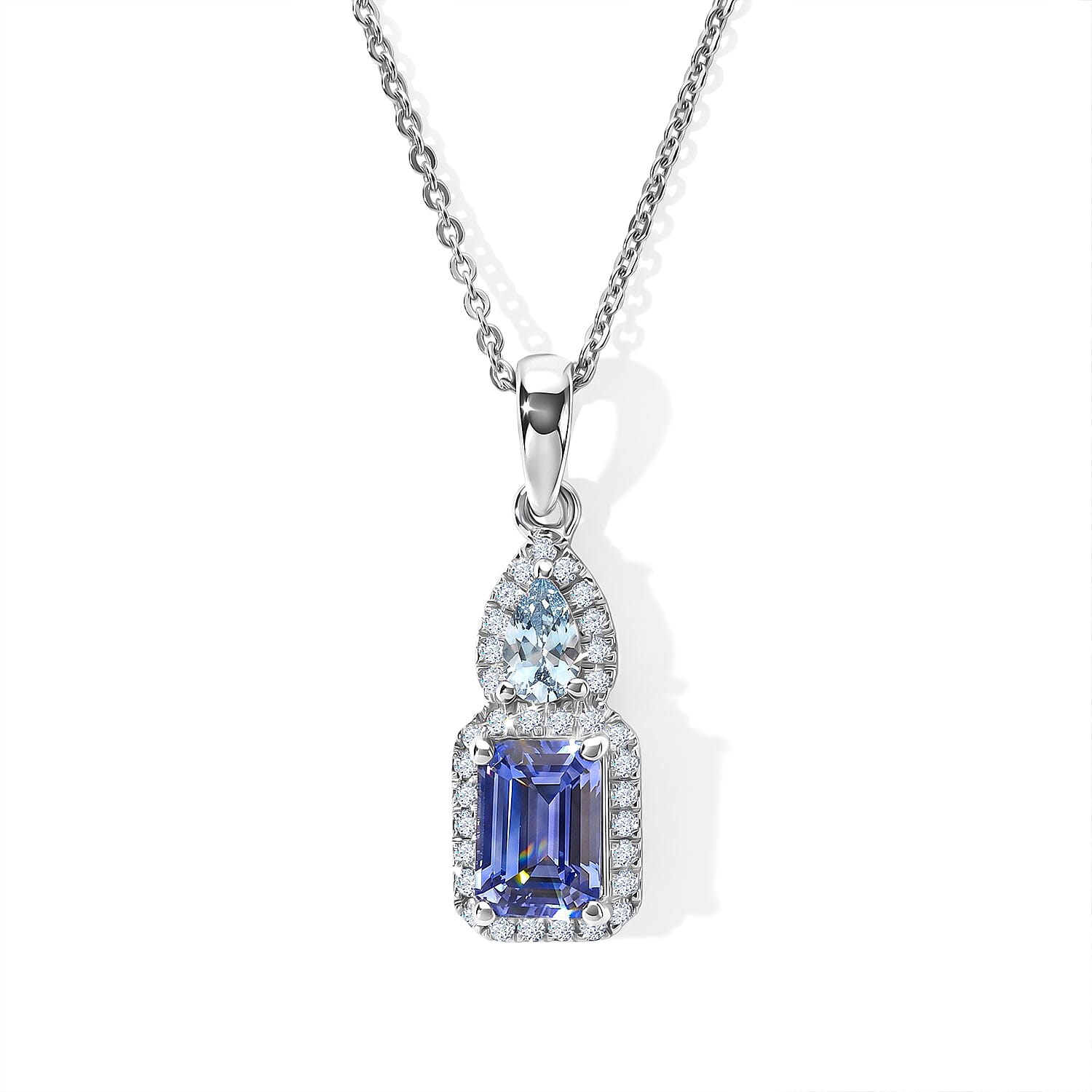 D'Joy Tanzanite and Multi Gemstone 1.40 ctw Pendant Necklace in Rhodium Over Sterling Silver 20 Inches