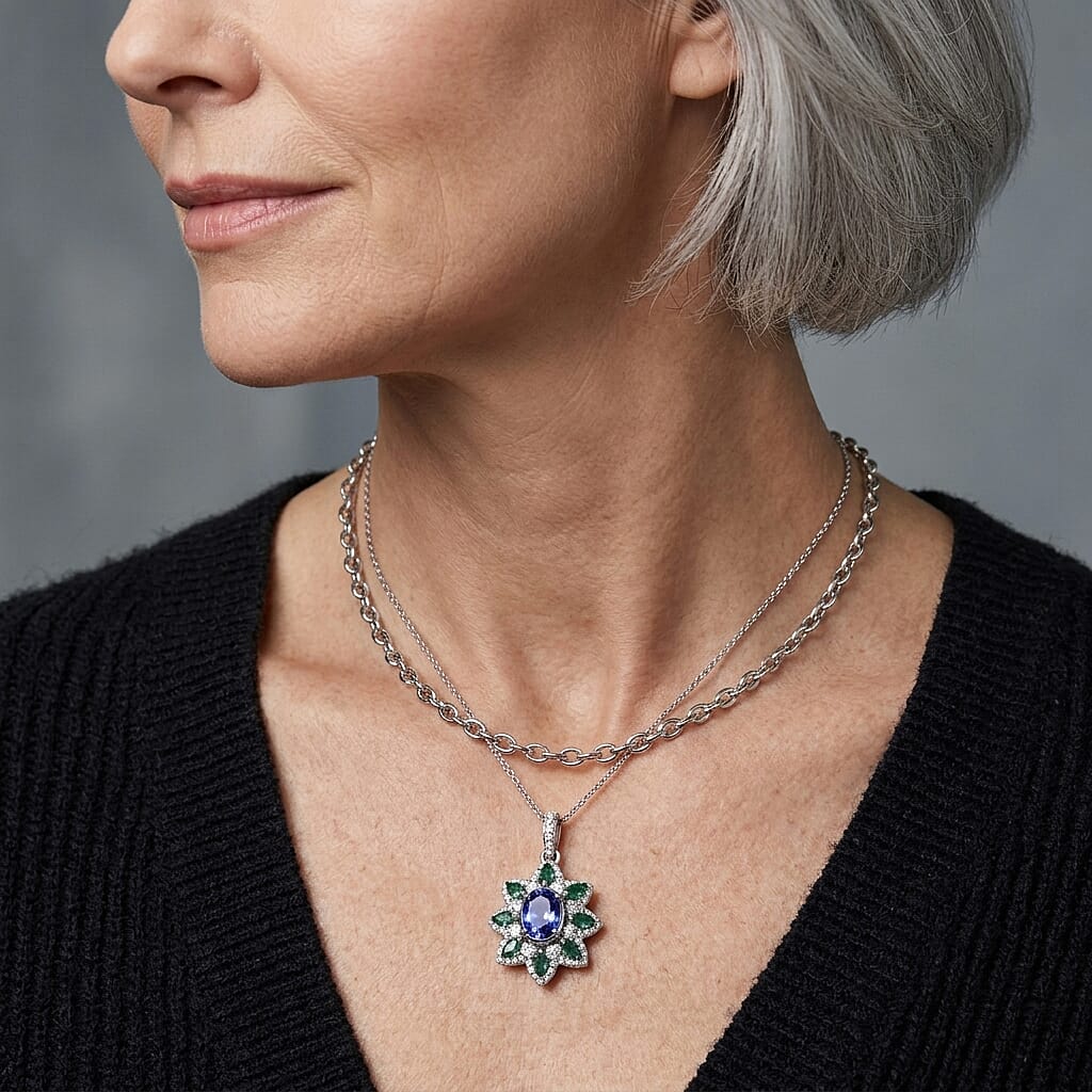 D'Joy Tanzanite and Multi Gemstone 2.30 ctw Pendant Necklace in Rhodium Over Sterling Silver 20 Inches