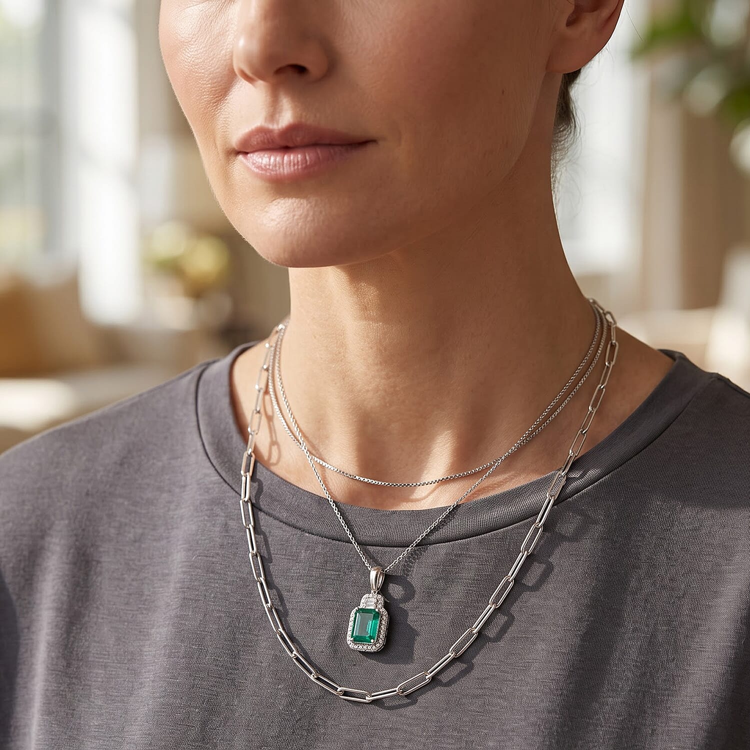 Certified and Appraised D'Joy Premium Kagem Zambian Emerald and Moissanite 1.92 ctw Pendant Necklace (18 Inches) in Rhodium Over Sterling Silver