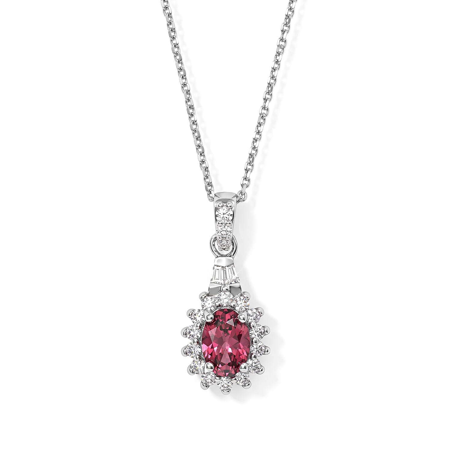 D'Joy Premium Ouro Fino Rubellite and Moissanite 1.10 ctw Pendant Necklace in Rhodium Over Sterling Silver 20 Inches