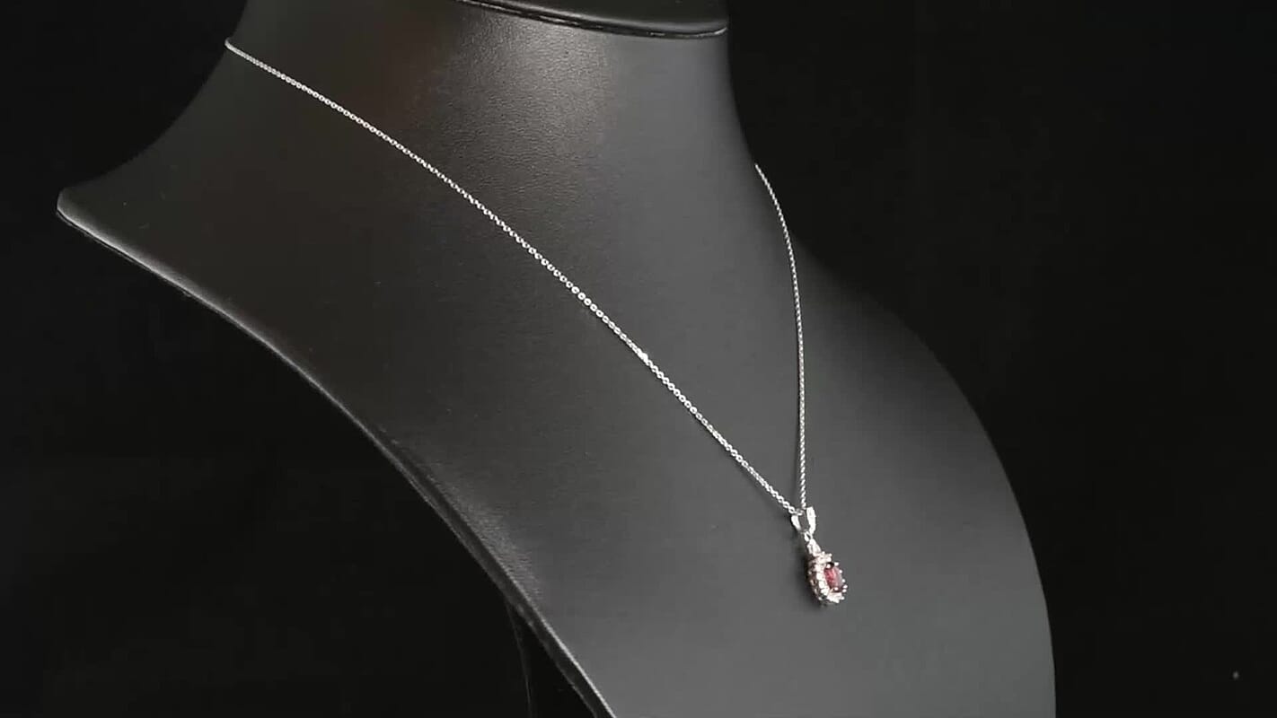 D''Joy Premium Ouro Fino Rubellite and Moissanite 1.10 ctw Pendant Necklace in Rhodium Over Sterling Silver 20 Inches
