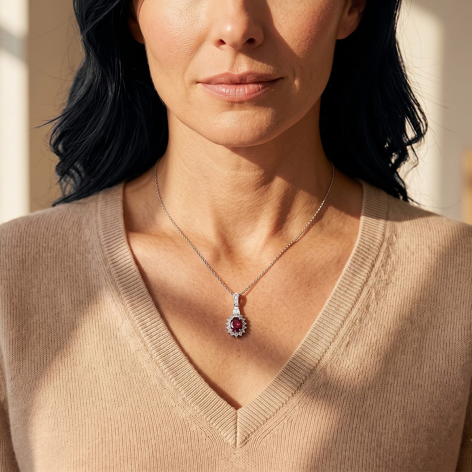 D'Joy Premium Ouro Fino Rubellite and Moissanite 1.10 ctw Pendant Necklace in Rhodium Over Sterling Silver 20 Inches
