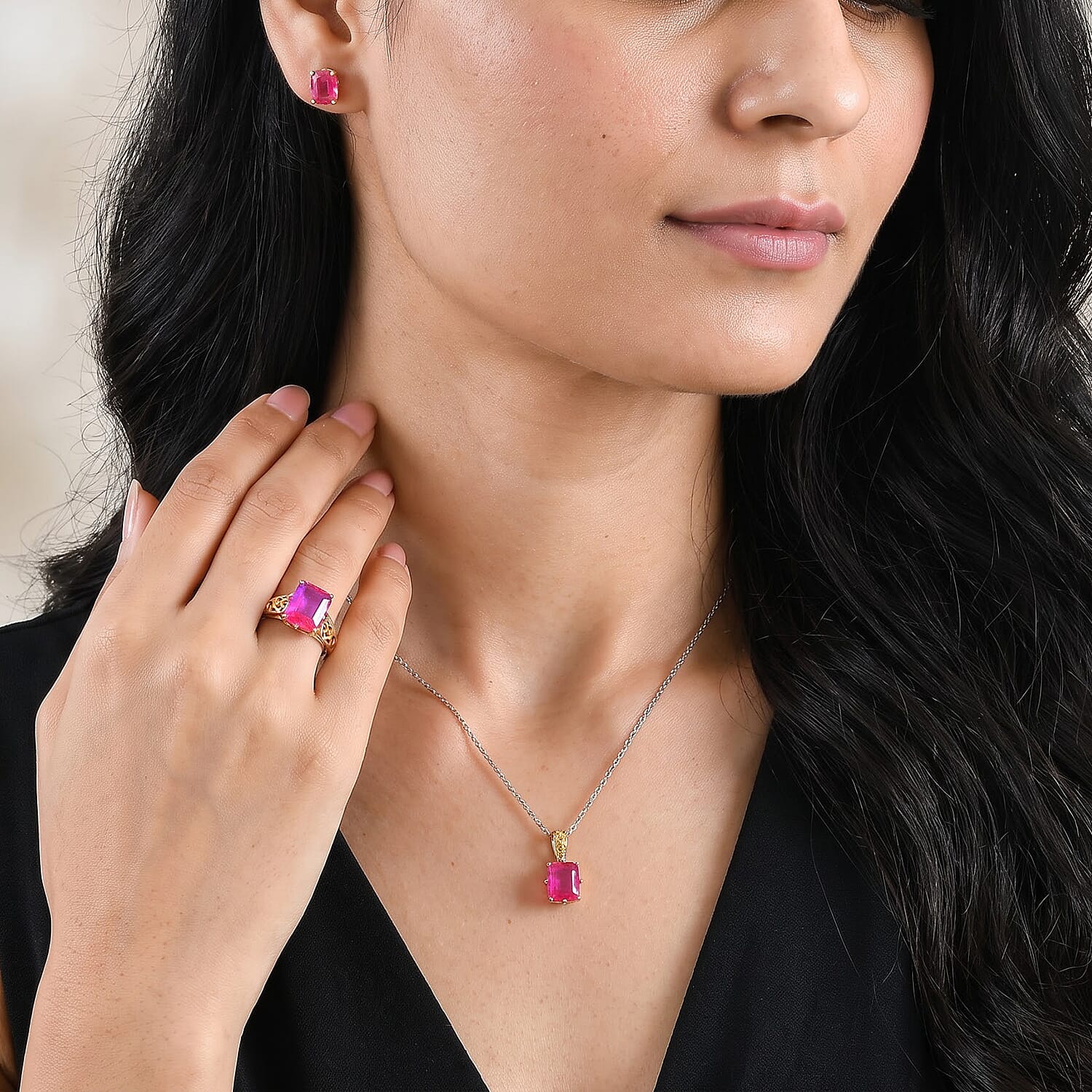 EverTrue Volcanic Triplet Quartz 12.35 ctw Earrings, Ring (Size 7.0), Pendant in 18K YG Plated and Platinum Bond with Stainless Steel Necklace 20 Inches