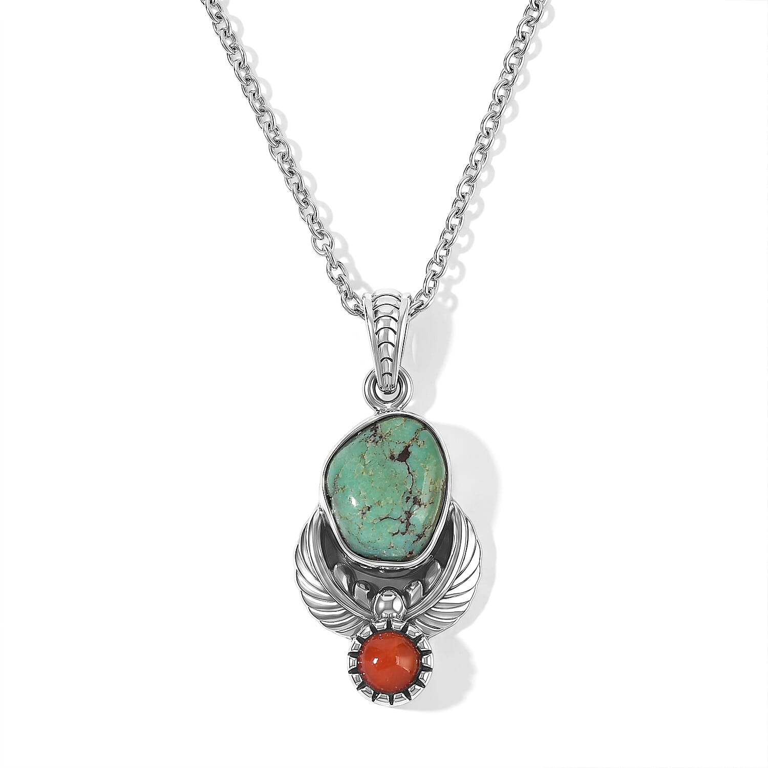 D'Joy Royal Hubei Blue Turquoise 5.35 ctw and Coral Pendant in Sterling Silver with Stainless Steel Necklace 20 Inches
