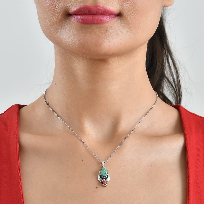 D'Joy Royal Hubei Blue Turquoise 5.35 ctw and Coral Pendant in Sterling Silver with Stainless Steel Necklace 20 Inches