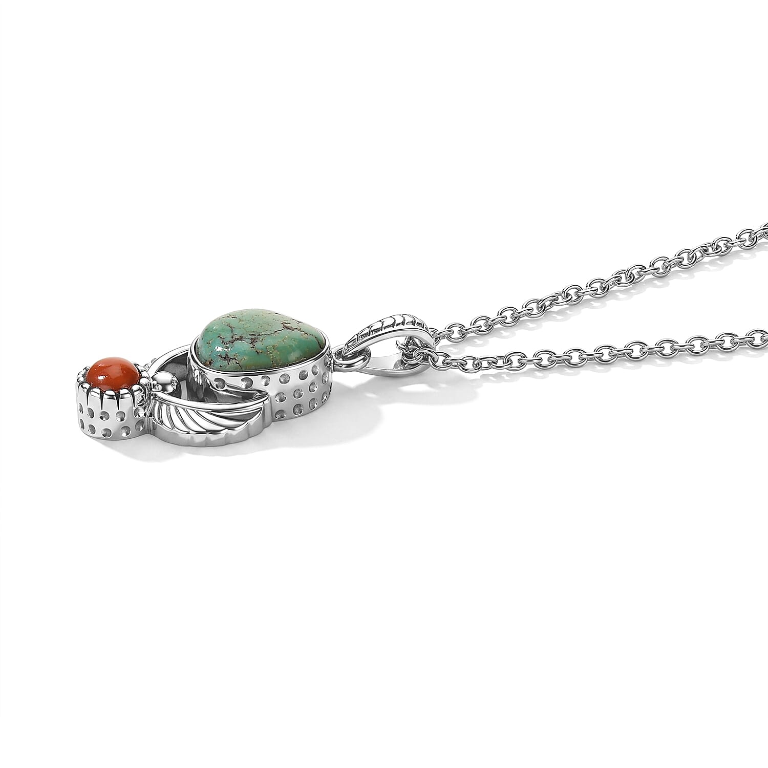 D'Joy Royal Hubei Blue Turquoise 5.35 ctw and Coral Pendant in Sterling Silver with Stainless Steel Necklace 20 Inches