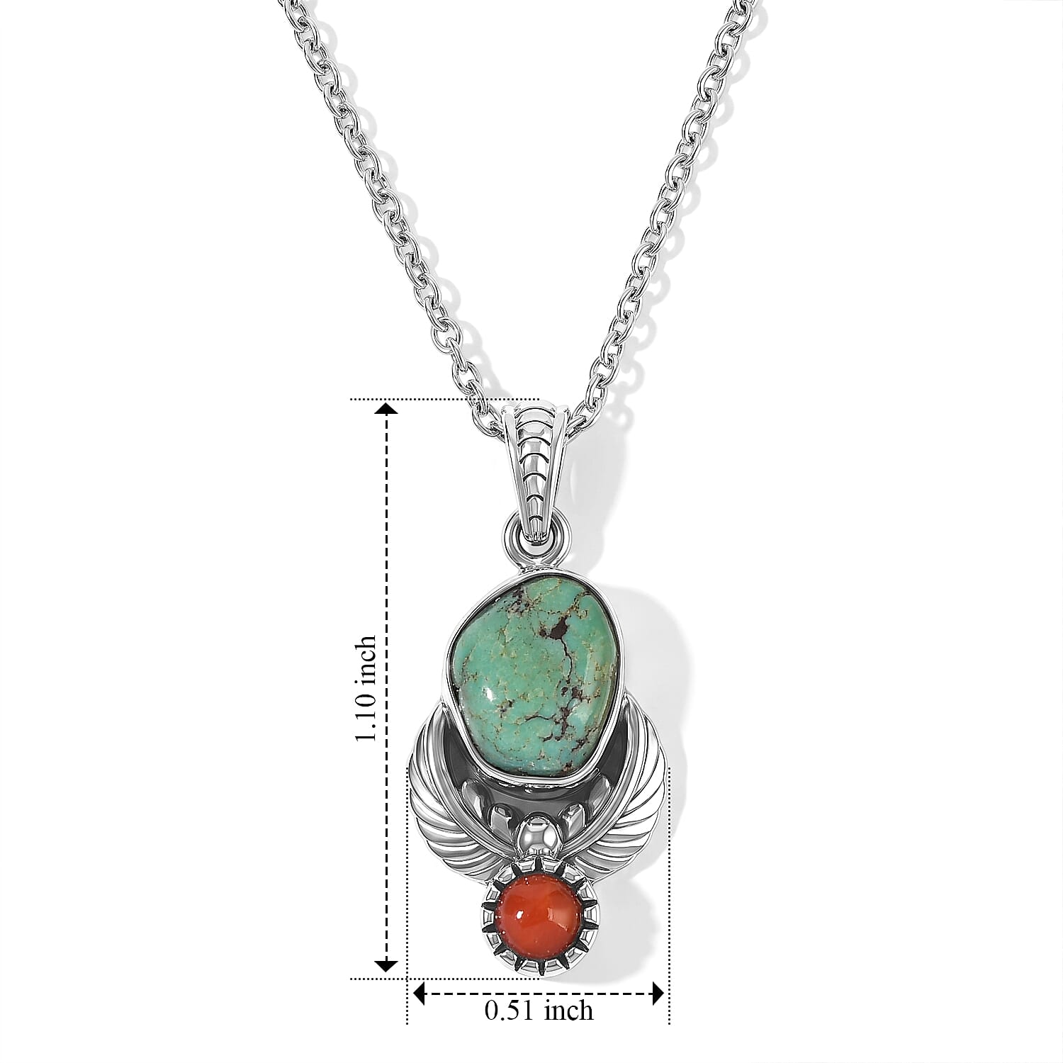 D'Joy Royal Hubei Blue Turquoise 5.35 ctw and Coral Pendant in Sterling Silver with Stainless Steel Necklace 20 Inches
