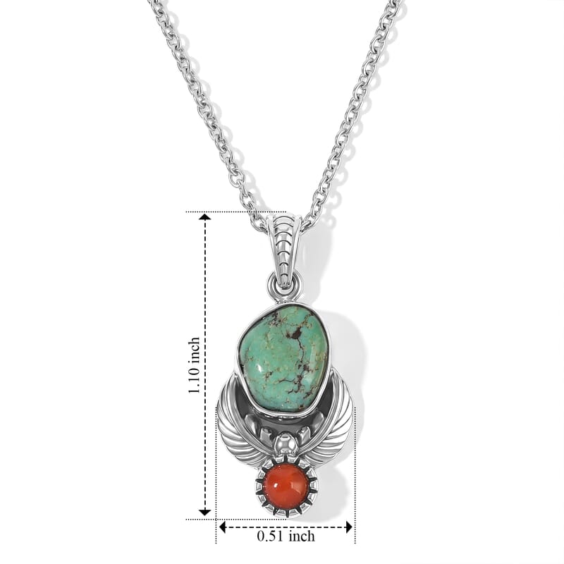 D'Joy Royal Hubei Blue Turquoise 5.35 ctw and Coral Pendant in Sterling Silver with Stainless Steel Necklace 20 Inches