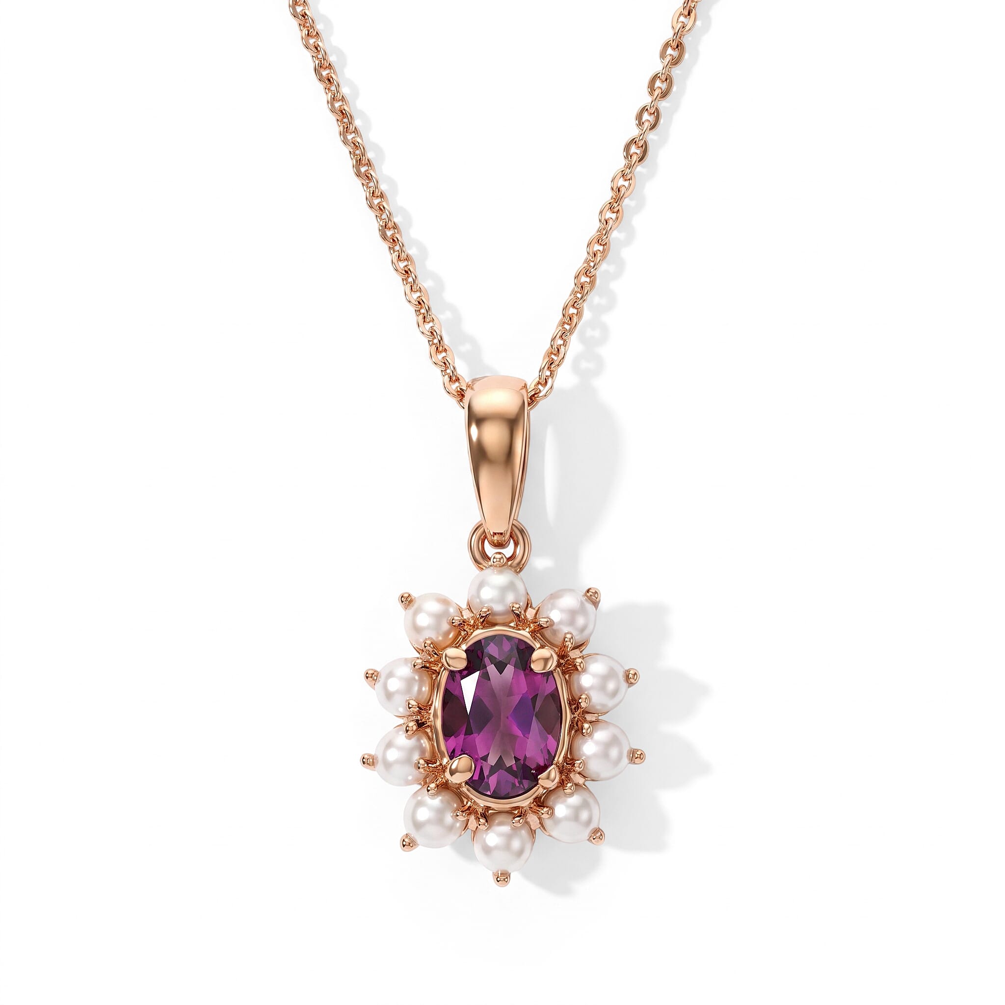 D'Joy AAA Radiant Ember Garnet 1.00 ctw and Freshwater Pearl Pendant Necklace in 18K Vermeil Rose Gold Over Sterling Silver 20 Inches